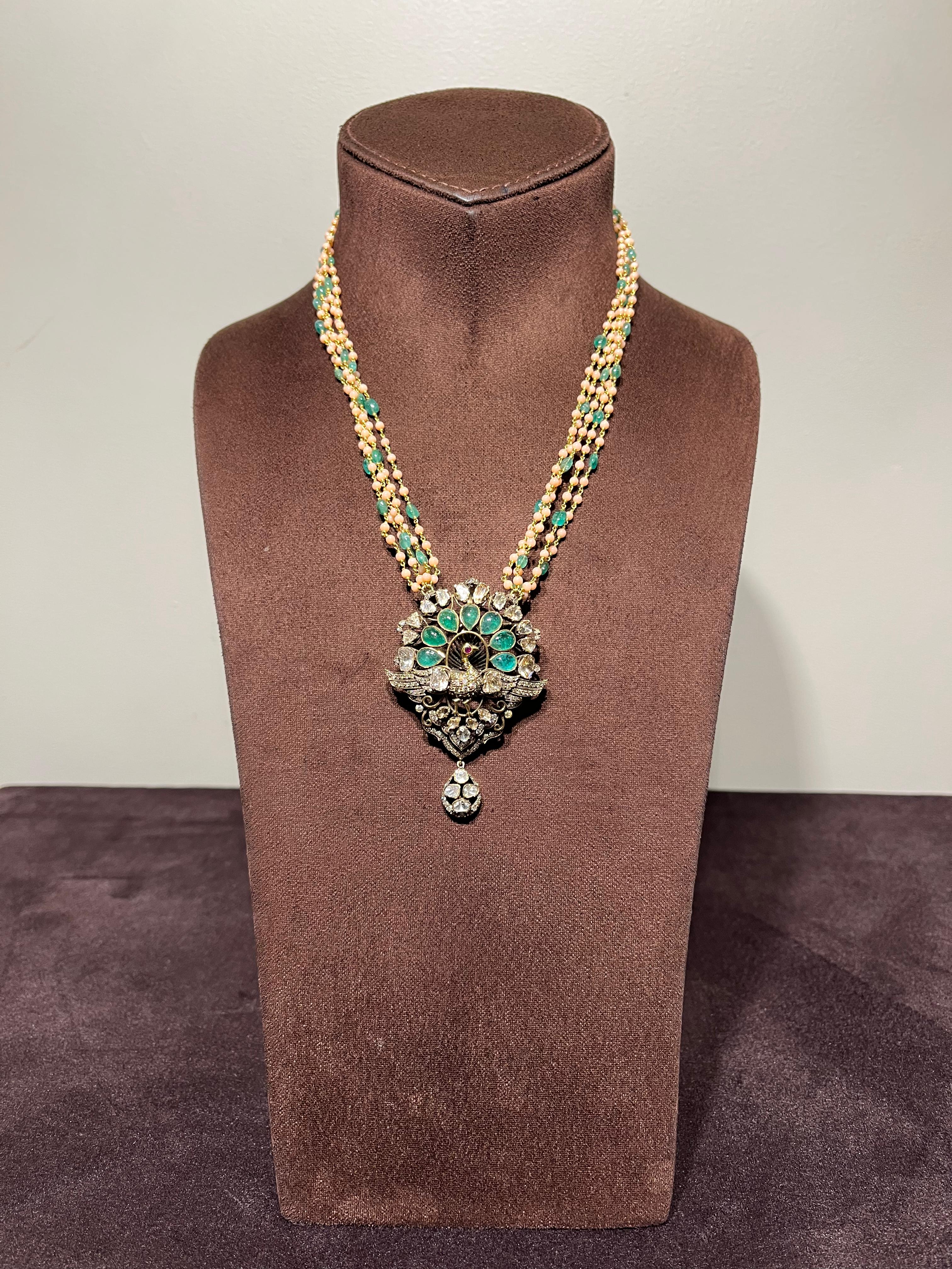Victorian Peacock Motif Pendant with Corals and Emerald Beads Victorian Peacock Motif Pendant with Corals and Emerald Beads
