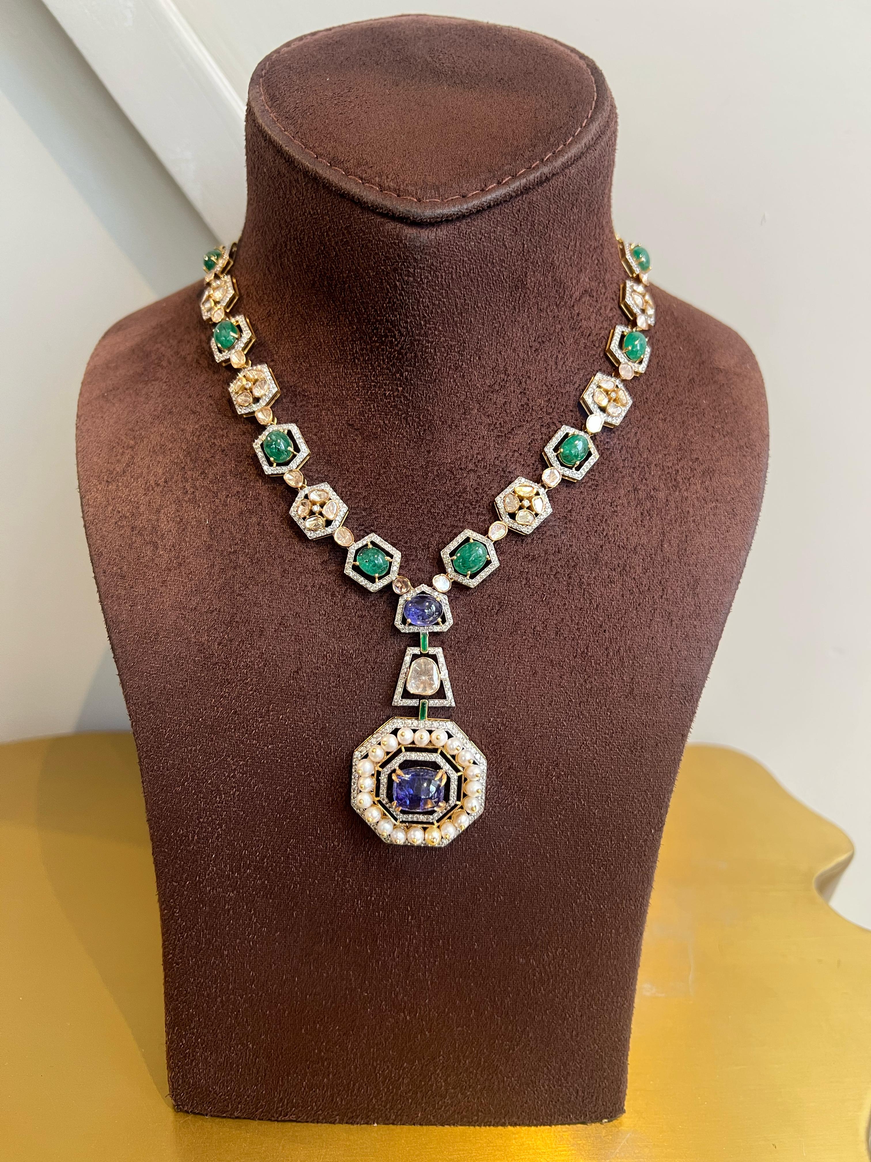 Elegant Polki Necklace with Tanzaline and Emerald Elegant Polki Necklace with Tanzaline and Emerald