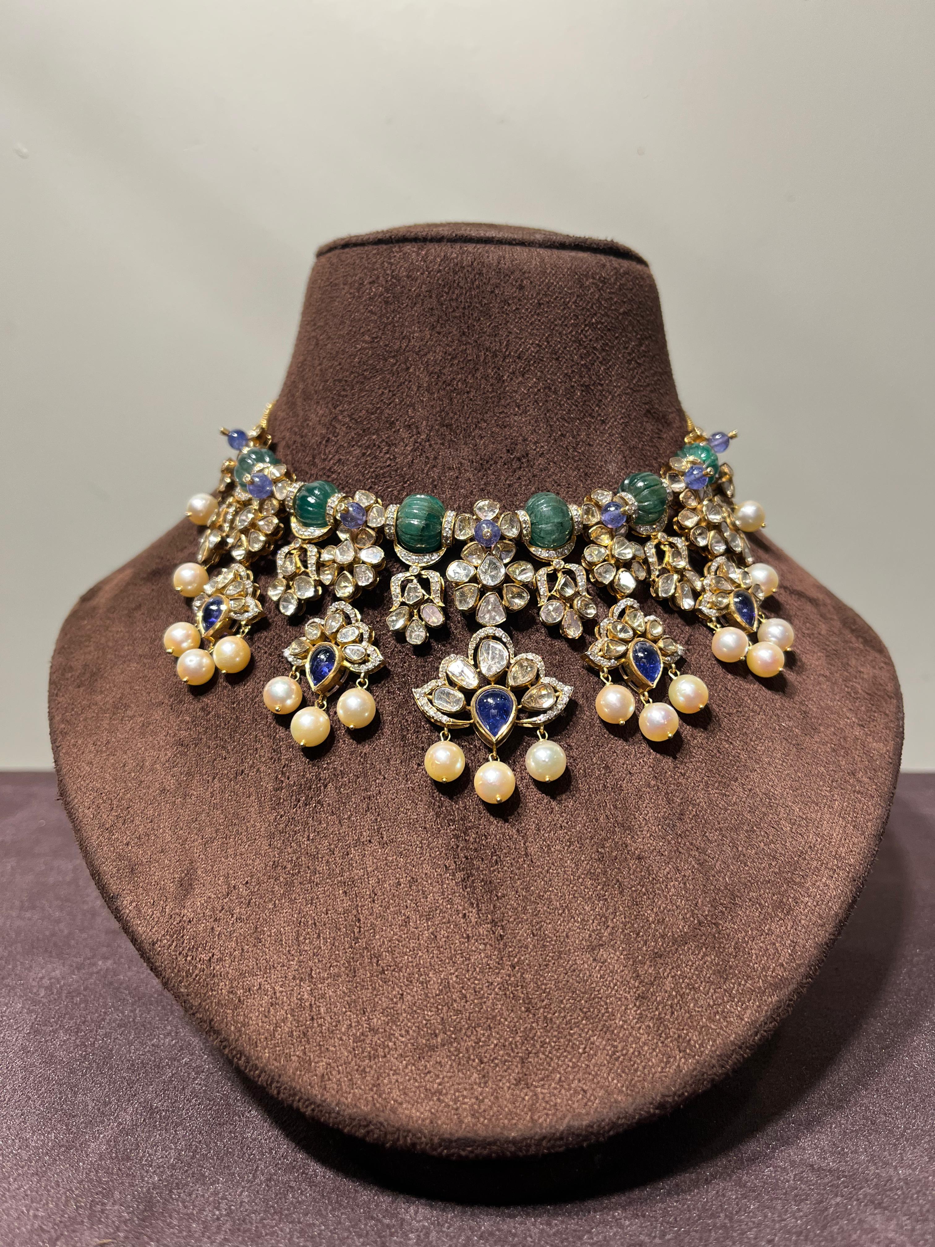 Exquisite Polki Necklace with Zambian Emerald and Tanzanite Exquisite Polki Necklace with Zambian Emerald and Tanzanite