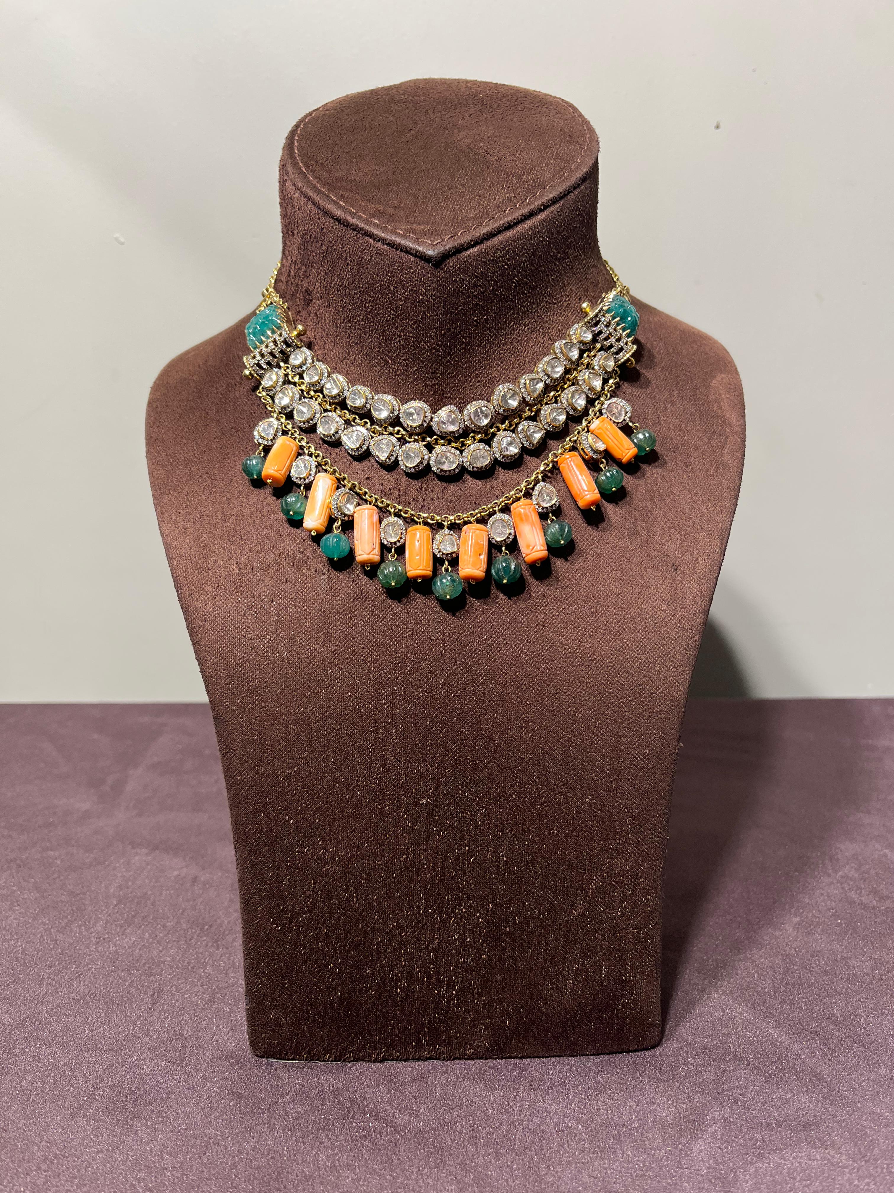 Glistening Victorian Necklace with Coral and Zambian Emerald Beads Glistening Victorian Necklace with Coral and Zambian Emerald Beads