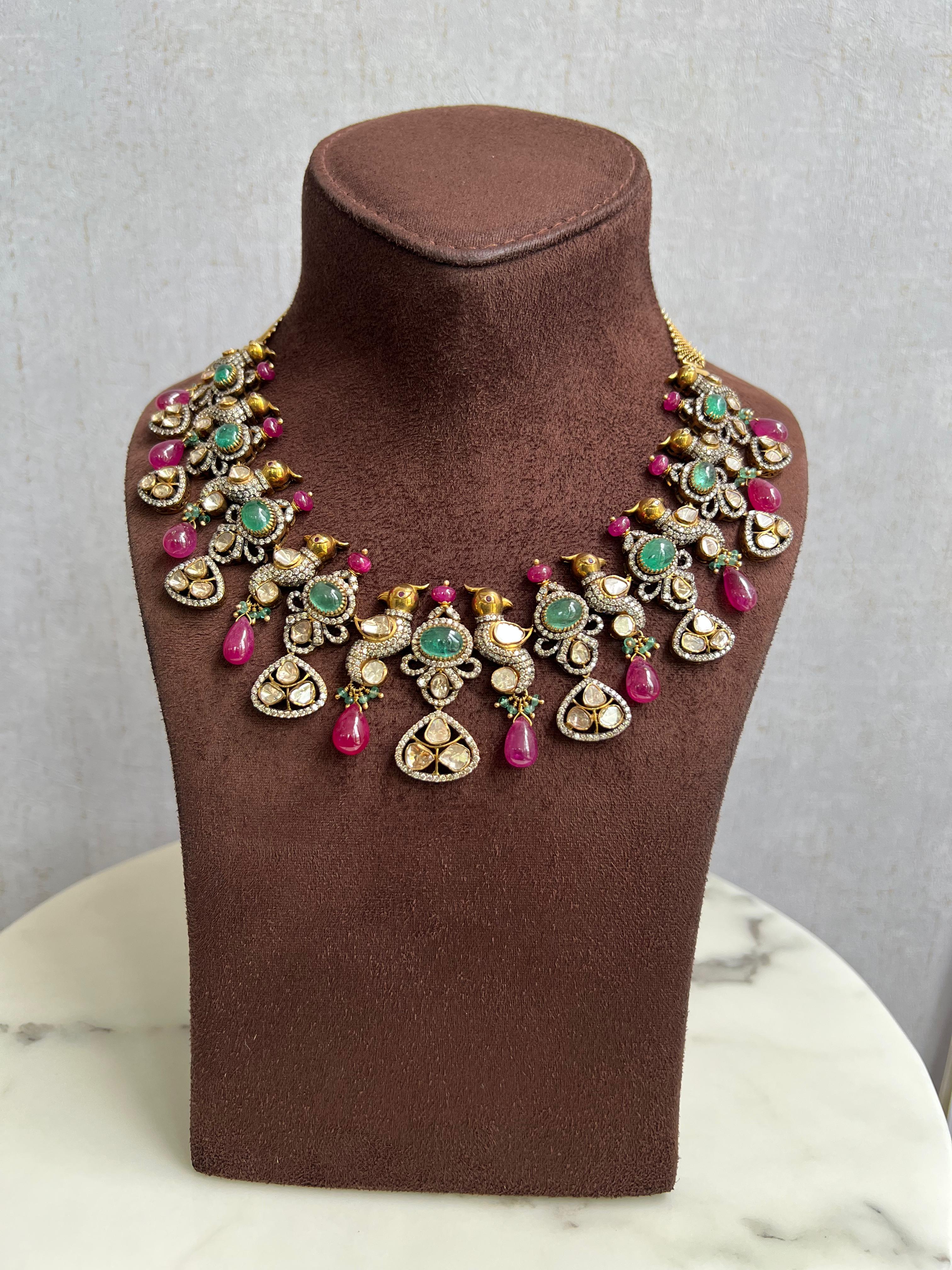 Parrot Motif Polki Necklace with Emerald and Rubies Parrot Motif Polki Necklace with Emerald and Rubies