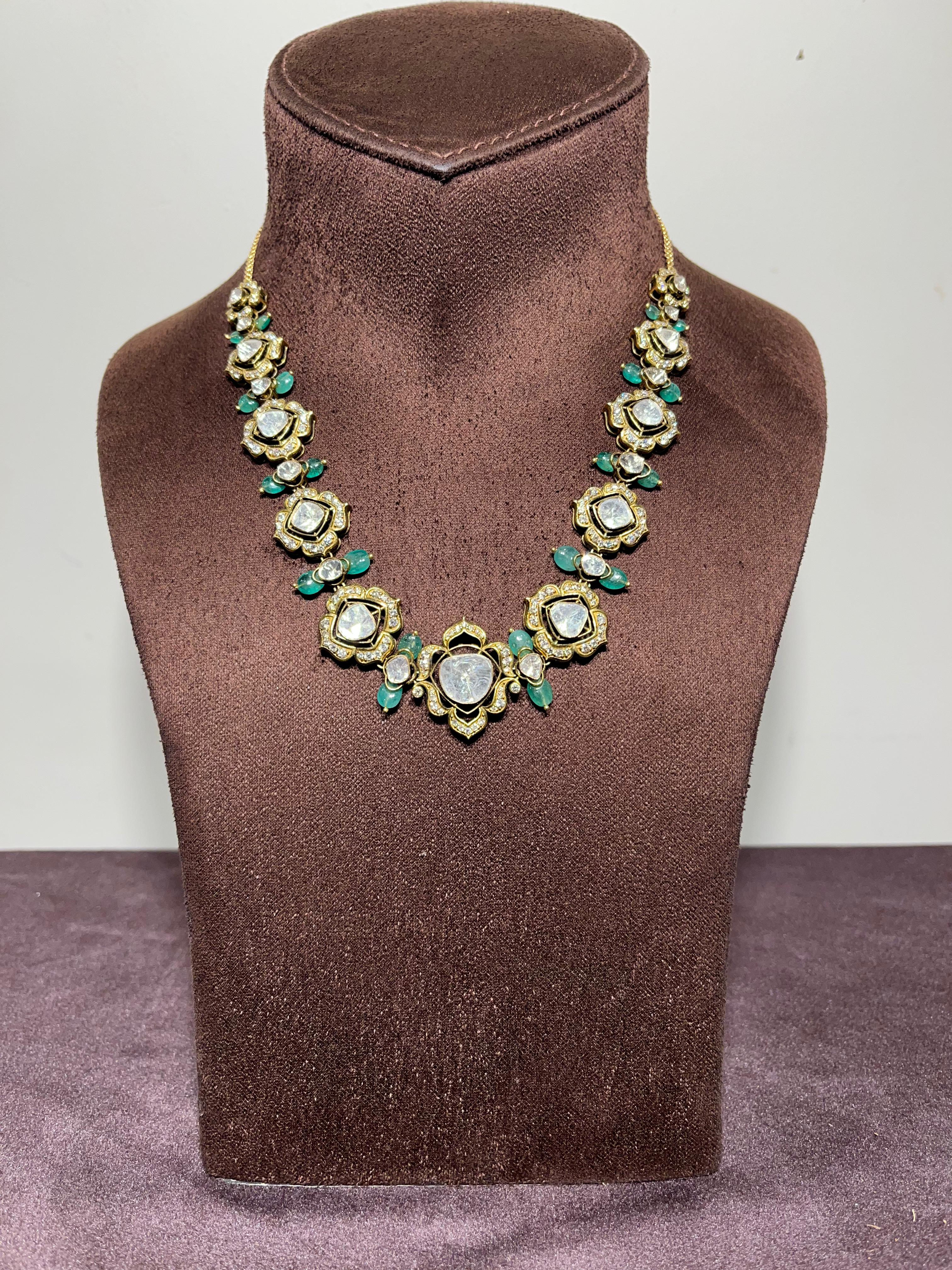 Timeless Polki Necklace with Zambian Emerald Beads Timeless Polki Necklace with Zambian Emerald Beads
