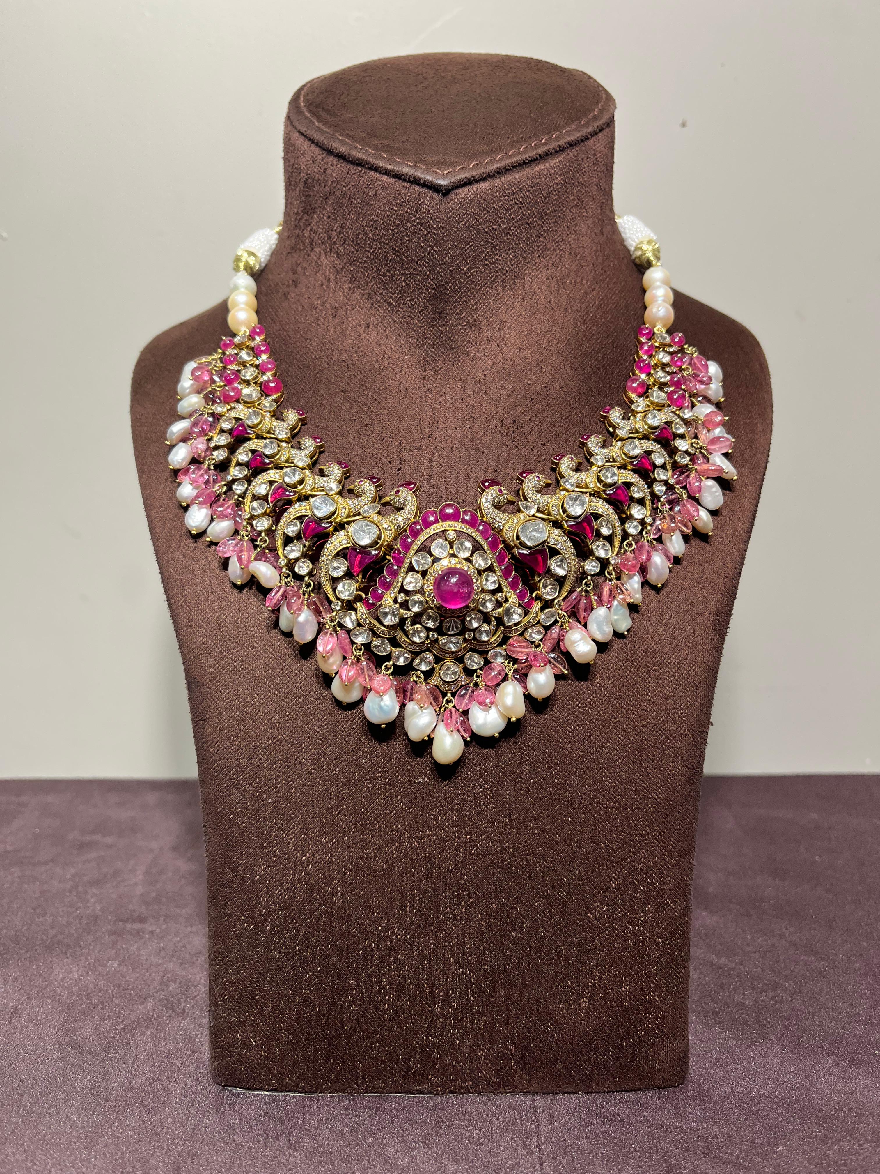Peacock Motif Polki Necklace with Tourmaline and Pearls Peacock Motif Polki Necklace with Tourmaline and Pearls