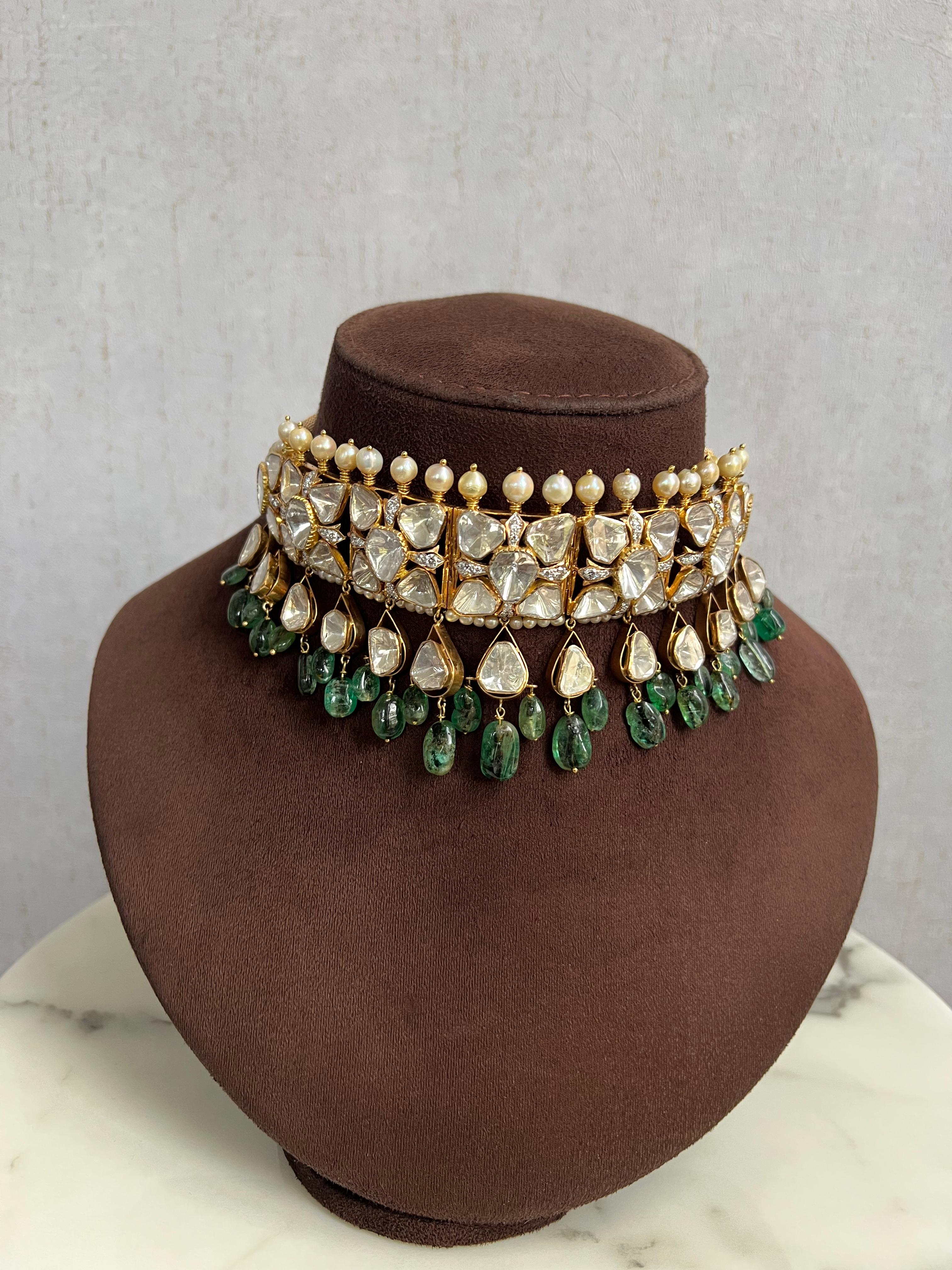 Classy Polki Choker with Emerald drops Classy Polki Choker with Emerald drops